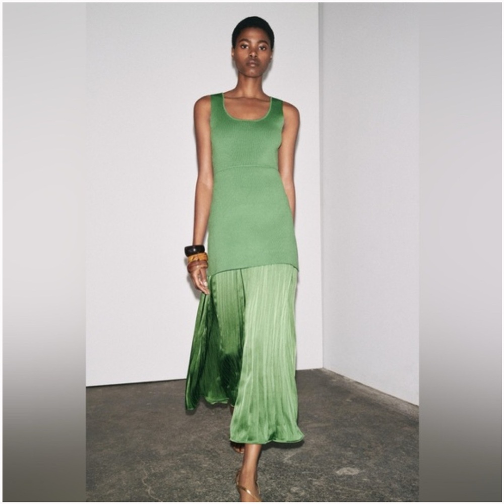 Zara Green Pleated Knit Combination Dress